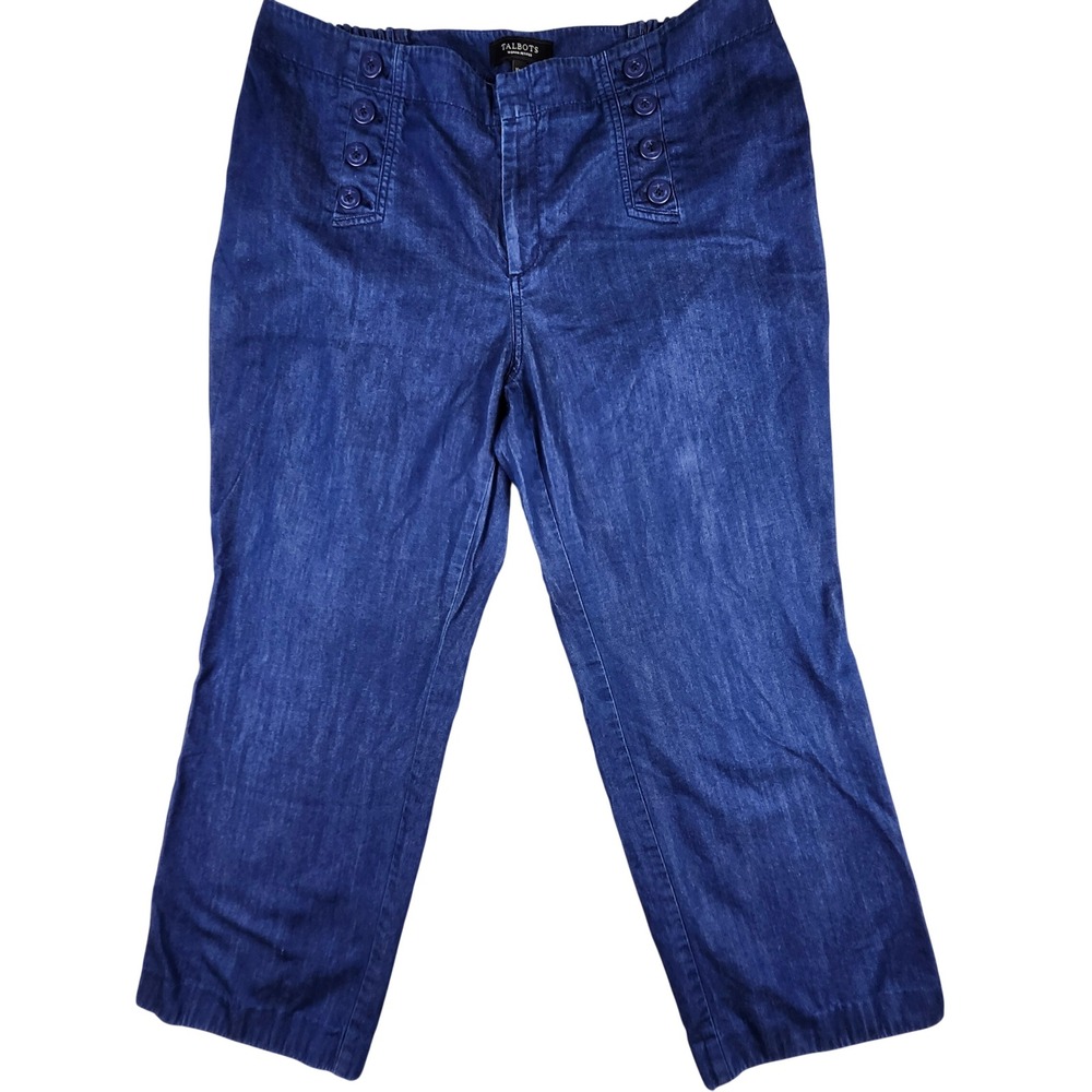 Talbots Sailor Jeans Women 16WP Blue Denim Wide Leg Anchor Button Nautical